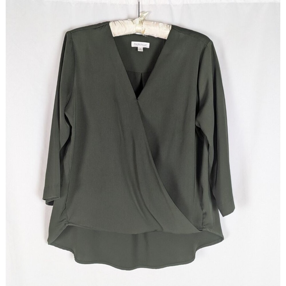 Prologue Women's 3/4 Sleeve Wrap Front Surplice Blouse Green M Workwear Chic